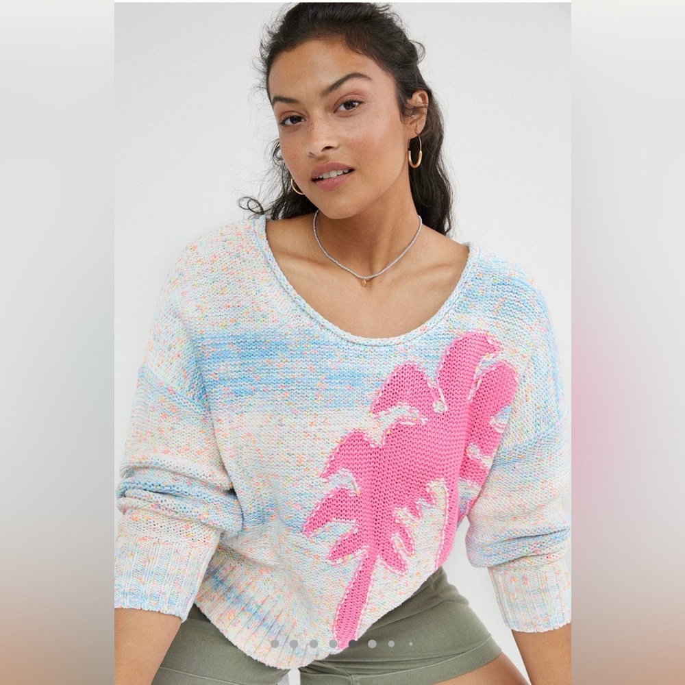 NWT Anthropologie knit palm tree sweater vibrant pink palm tree motif XS - Picture 6 of 8